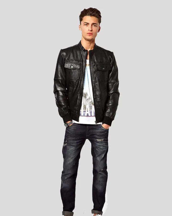 Mens Reggie Black Bomber Leather Jacket - NYC Leather Jackets