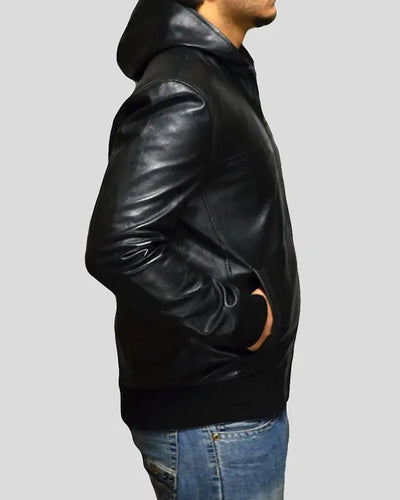 Shane Black Bomber Leather Jacket Hooded