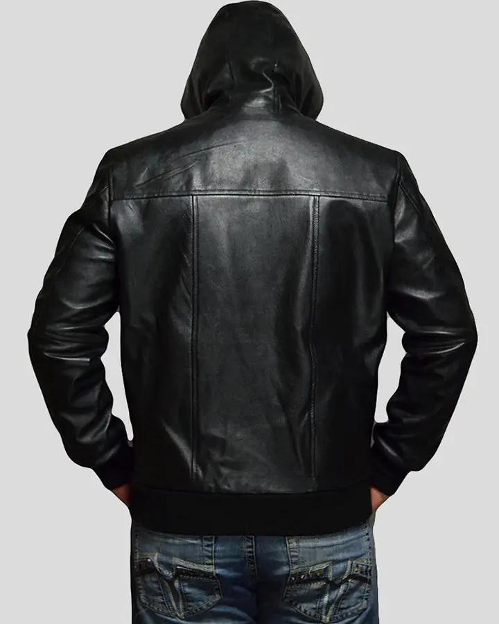 Mens Shane Black Bomber Leather Jacket With Hood – NYC Leather Jackets
