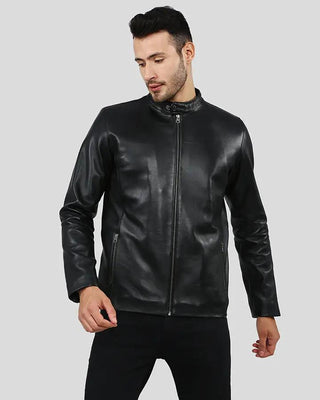 Model wearing black leather racer jacket