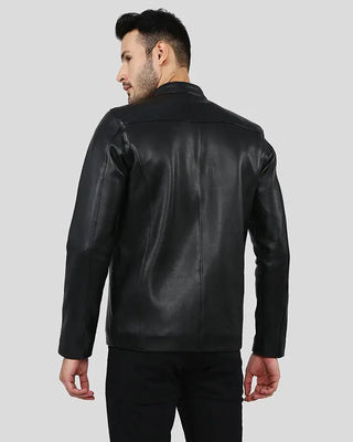Back view of black leather racer jacket
