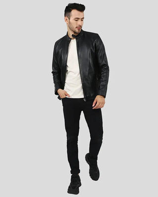 Black leather racer jacket with white shirt