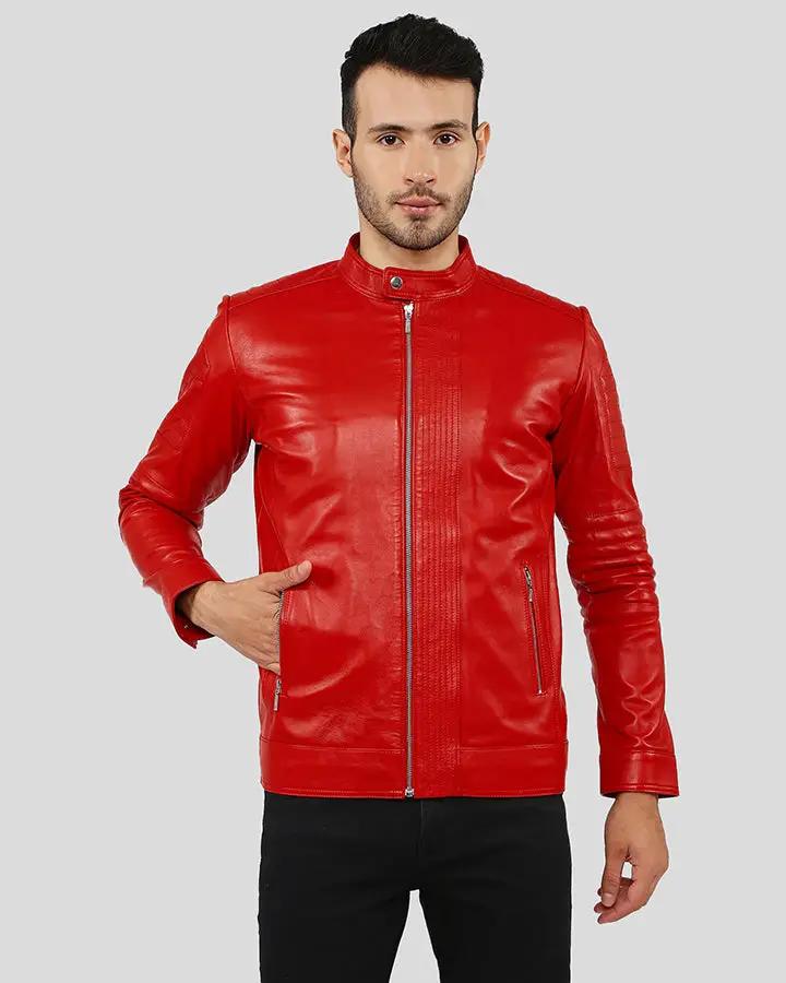 Mens Off White Red Leather Jacket
