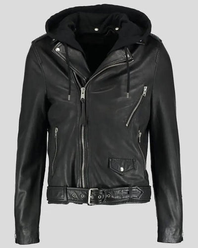 Lupe Black Removable Hooded Leather Jacket