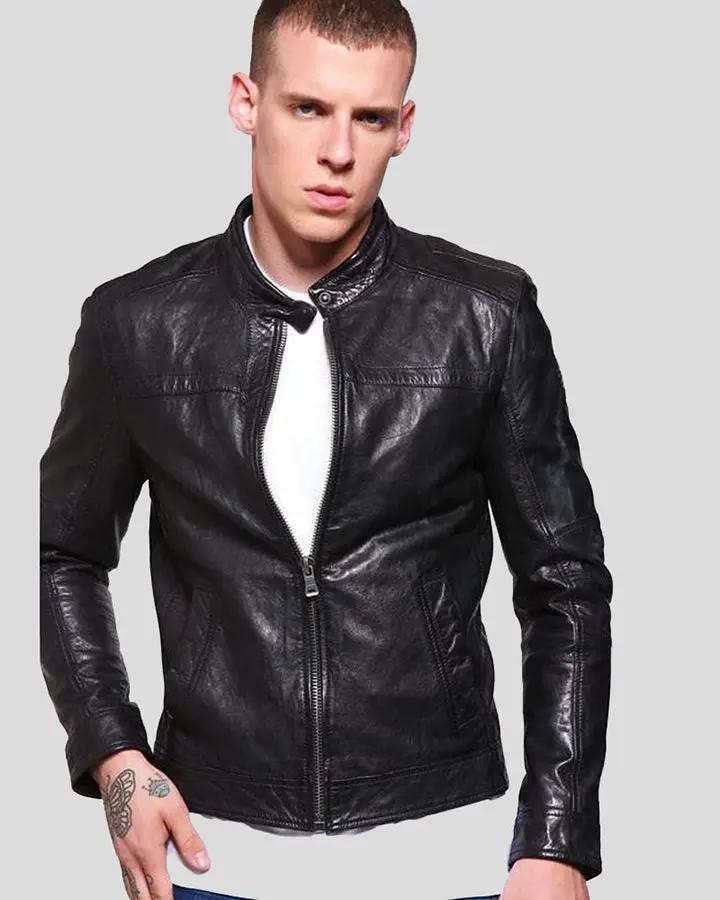Mens Ferd Black Leather Racer Jacket - NYC Leather Jackets
