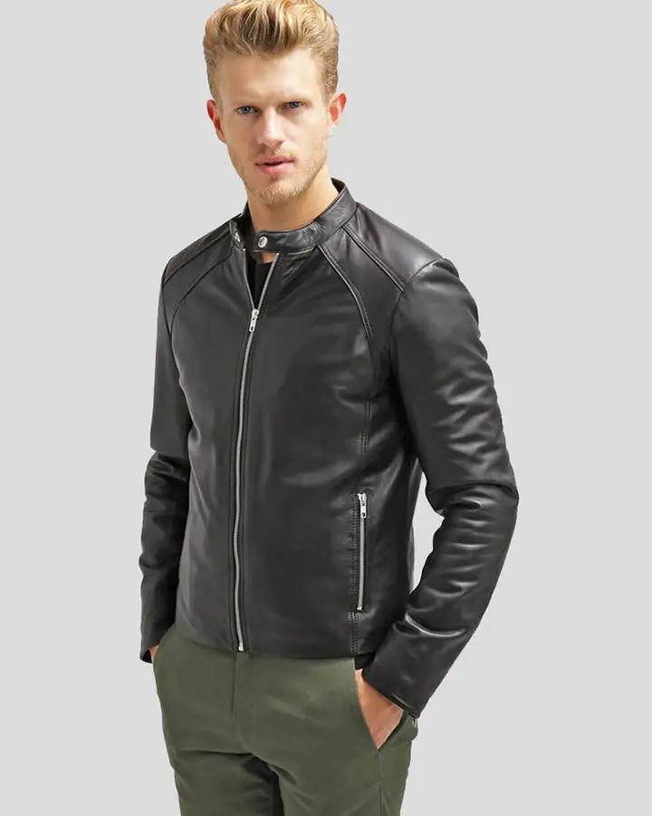 Mens Hung Black Leather Racer Jacket - NYC Leather Jackets