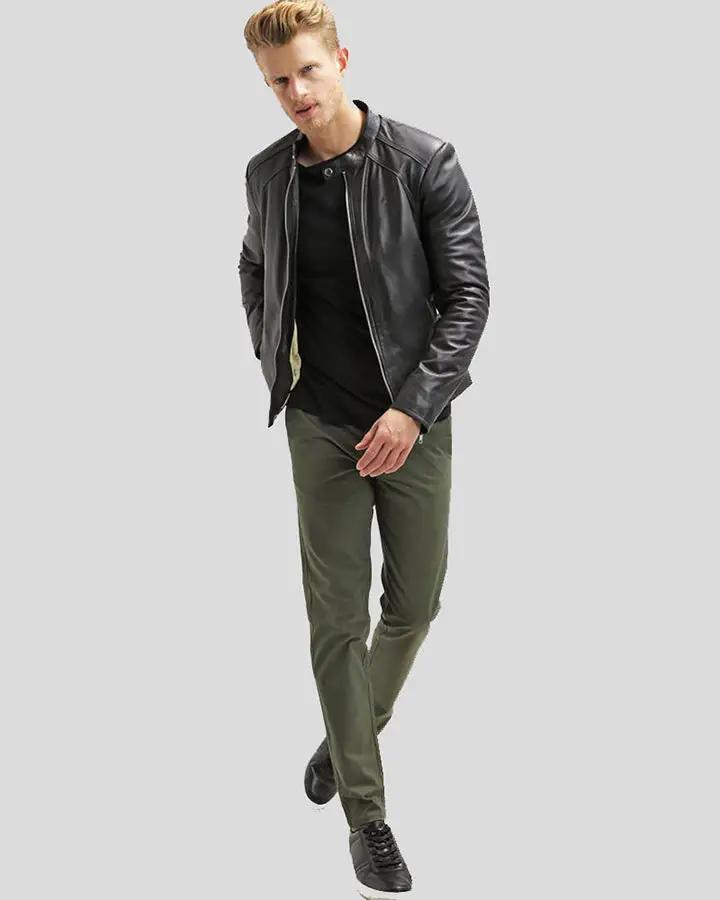 Mens Hung Black Leather Racer Jacket - NYC Leather Jackets