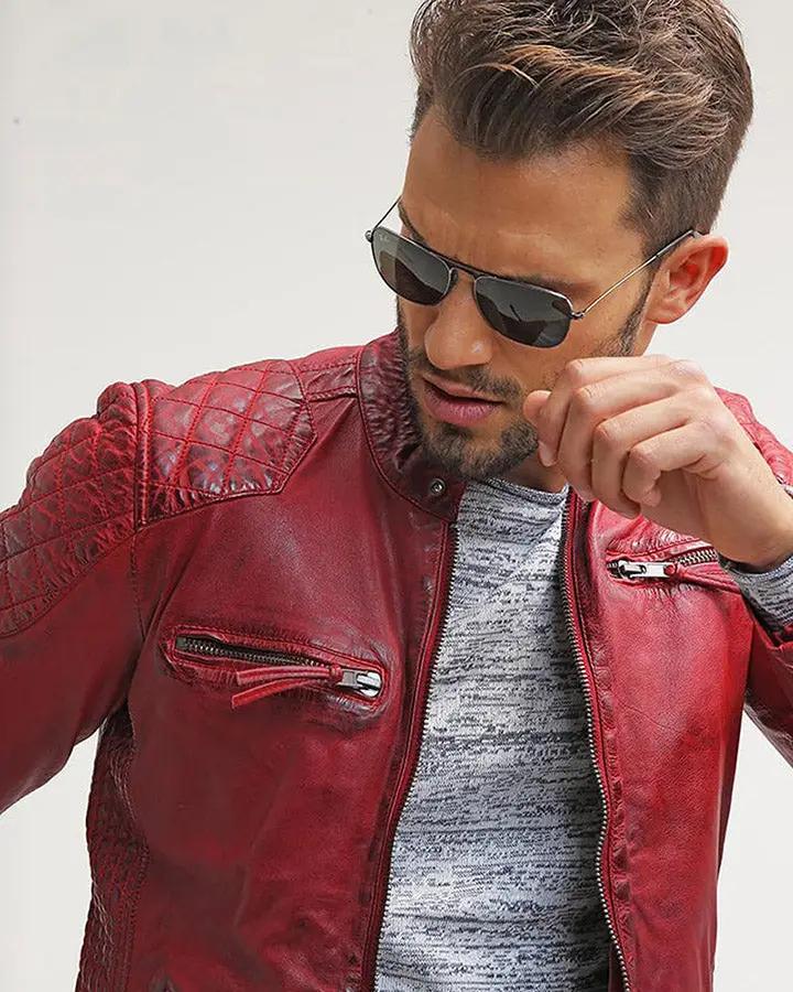 Men Red Maroon Rib Quilted Down Jacket - Leather Skin Shop