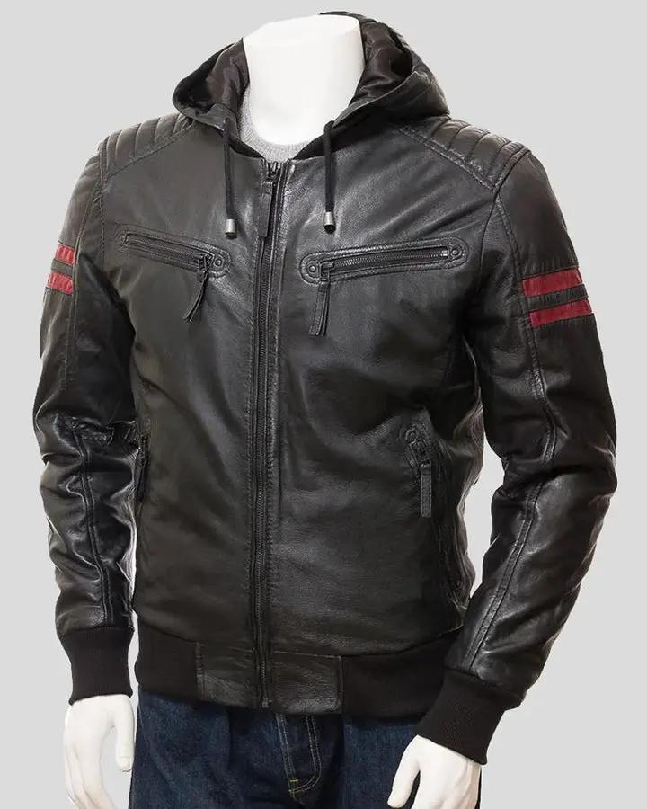Mens Genuine Black Hooded Bomber Leather Jacket | Real Lambskin Leather  Jackets for Men with Hood : : Clothing, Shoes & Accessories