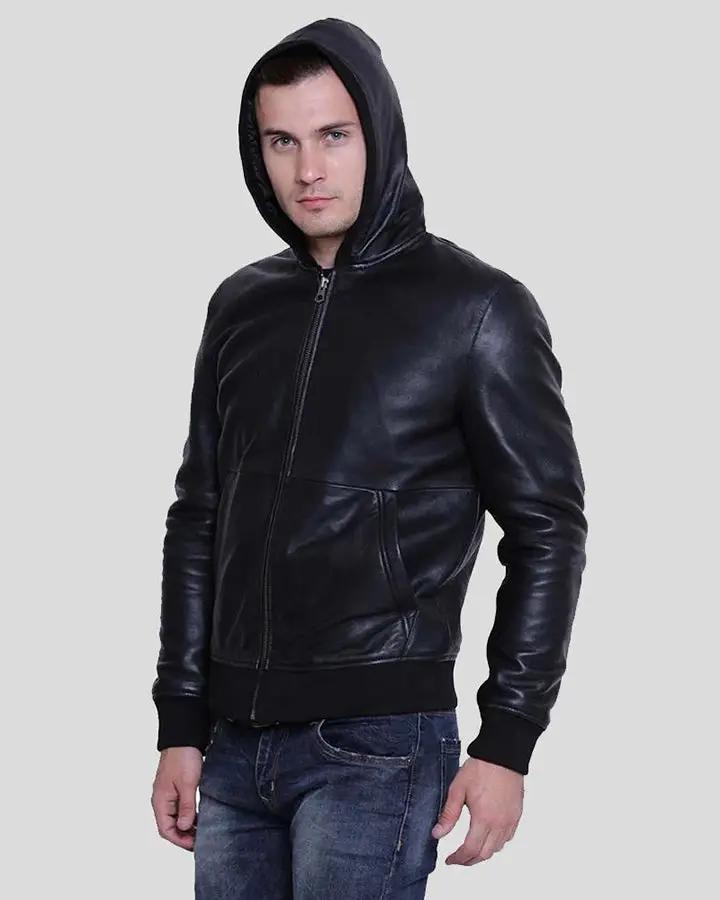 Theo Black Hooded Leather Jacket