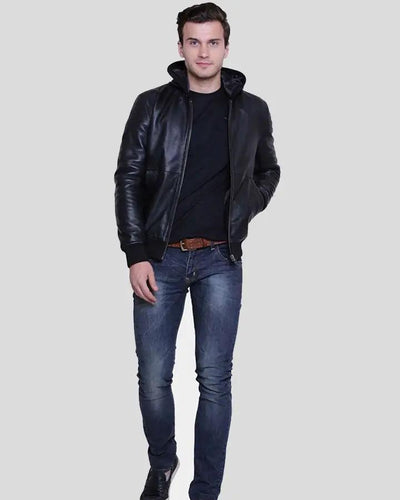 Theo Black Hooded Leather Jacket