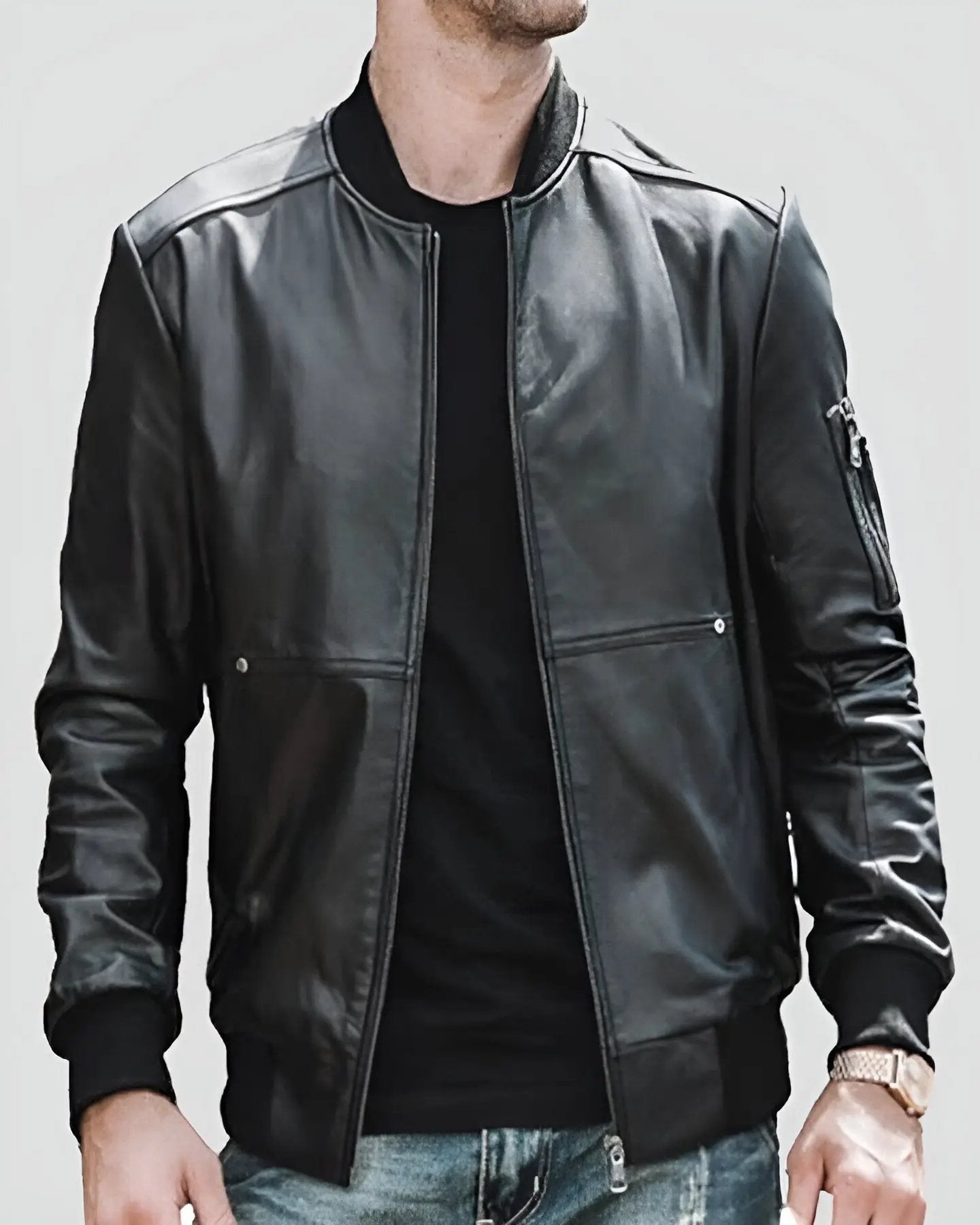 Black Men's Genuine Leather Bomber Jacket - Real Leather Jacket