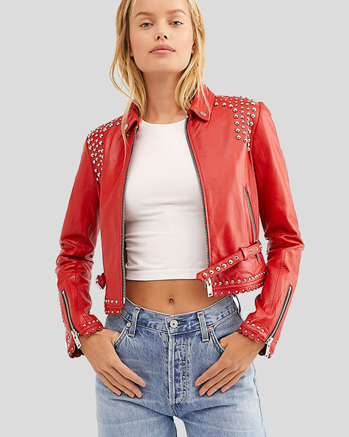 Womens Fiadh Red Studded Leather Jacket