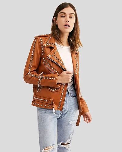 Avail Tan Studded Leather Jacket