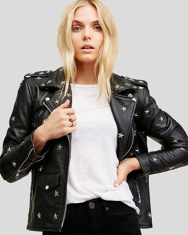 Womens Khloe Black Studded Leather Jacket - NYC Leather Jackets
