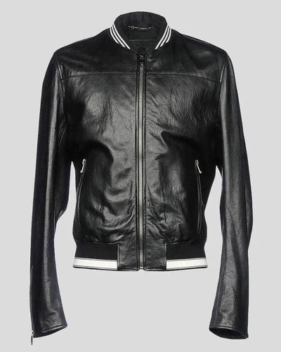Front view of Tuhin Black Bomber Leather Jacket