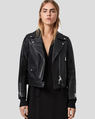 Yareli Black Biker Leather Jacket front view with model