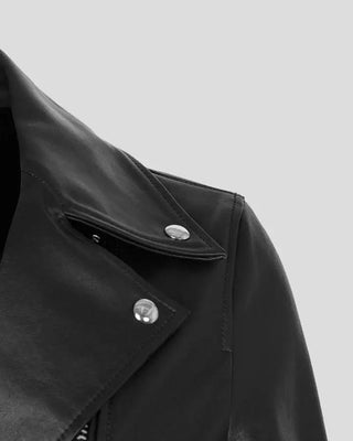 Yareli Black Biker Leather Jacket close-up detail